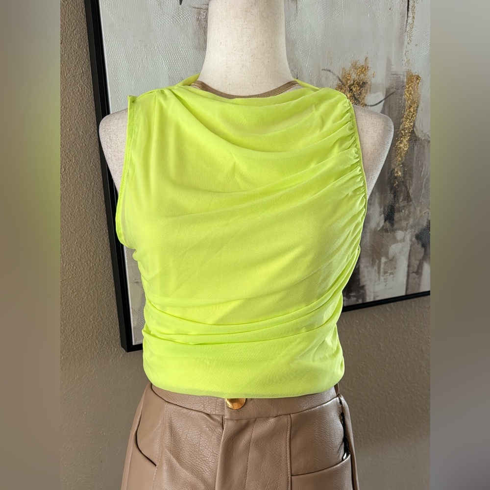 Lime Green Mesh mock neck Sleeveless Top - Picture 12 of 13